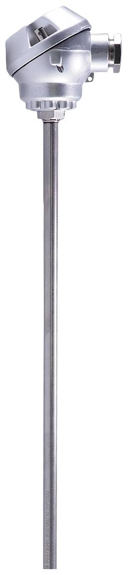 Metal industrial probe with a long, slender rod. Used for temperature measurement in industrial applications.