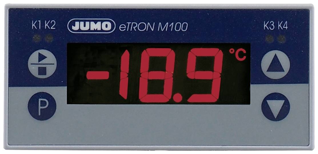 Digital display of a thermostat shows '-18.9 °C'. The device bears the inscription 'JUMO eTRON M100'. Buttons on the side.