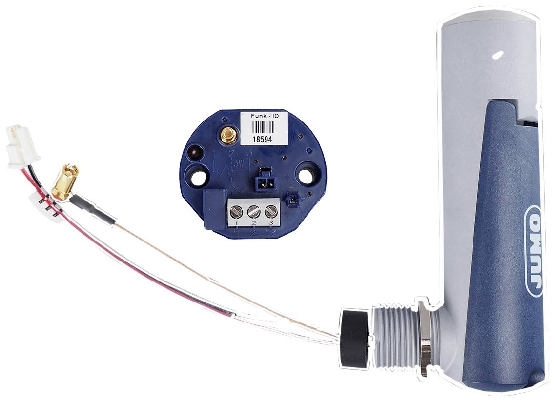 A blue electronic radiator thermostat with a wireless module and cable connections, suitable for installation on a radiator.