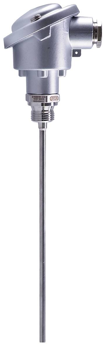 A silver temperature sensor with a long probe and a circular housing at the top, suitable for measuring liquids or gases.