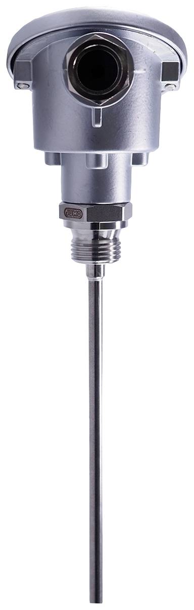 Industrial temperature measuring device with metal casing and long sensor probe, suitable for precise temperature monitoring in industrial installations.