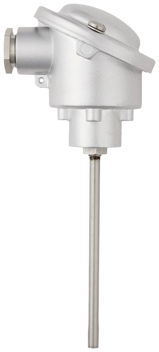 A silver temperature sensor with a metal housing and long probe, suitable for industrial applications.