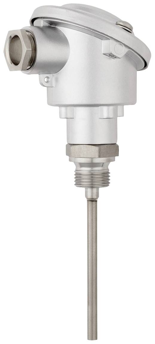 Industrial metal sensor with cylindrical housing and threaded connection for temperature measurements.