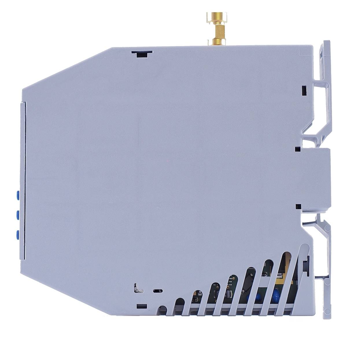 A grey electronic device with side ventilation slots and a small golden port on top.