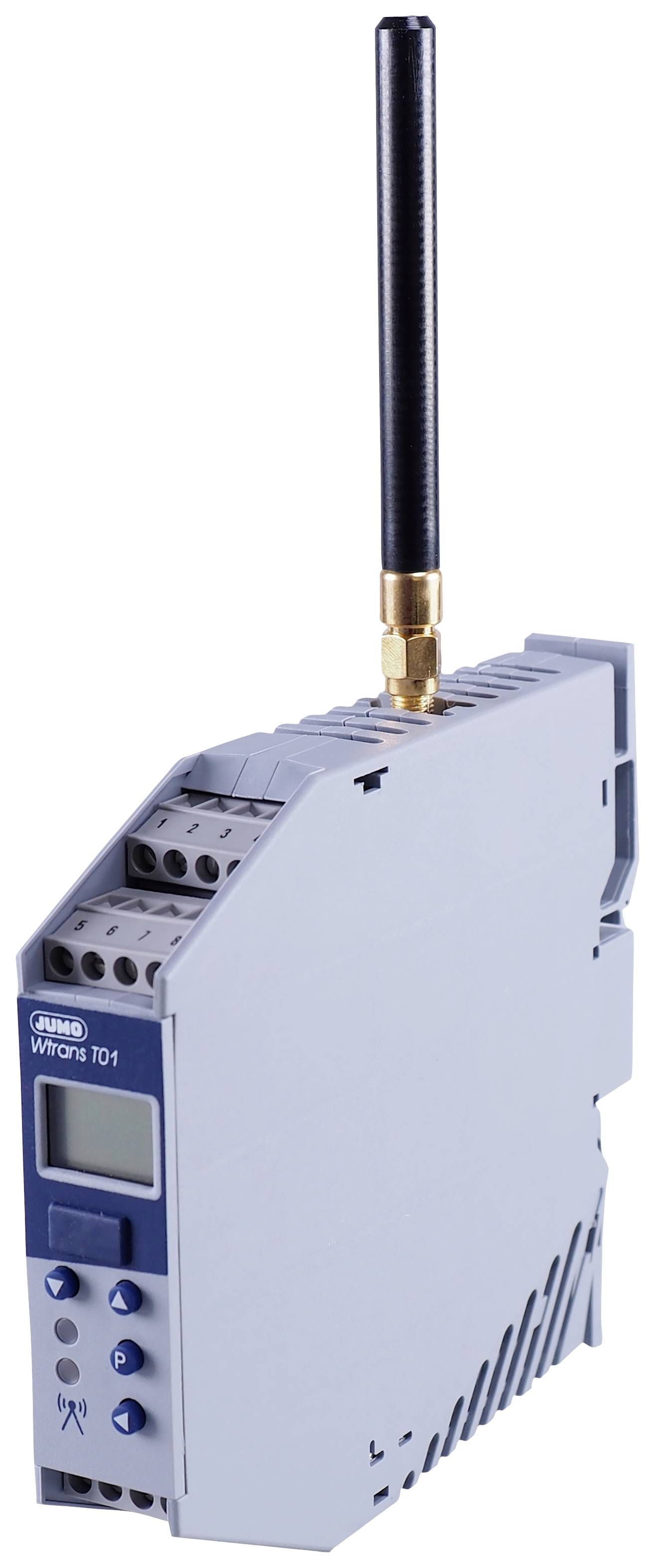 A grey electronic module with a small antenna on top. It features a display and several connection terminals on the left side.