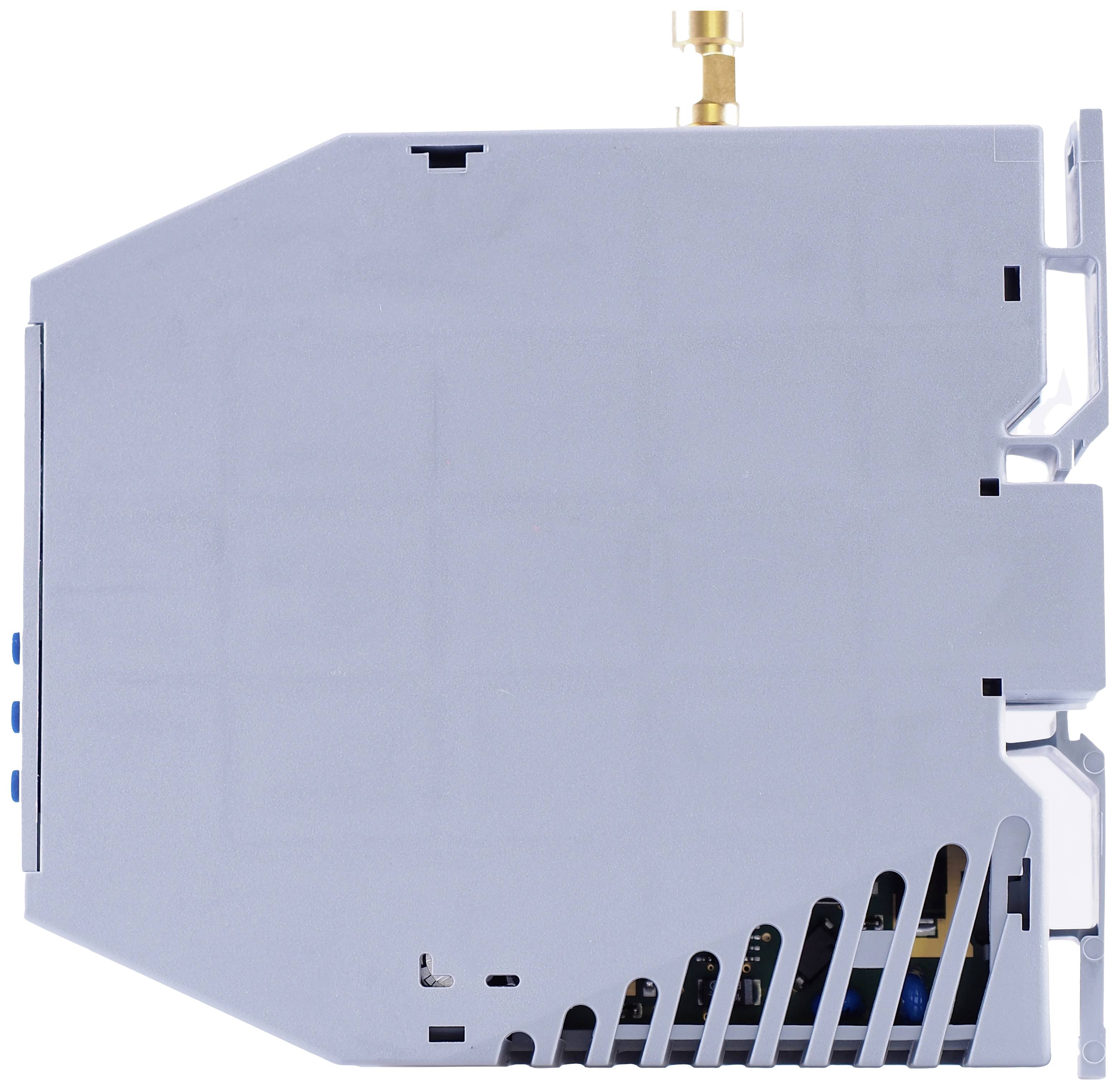 A grey electronic device in side profile with a blue button and an aerial at the top.