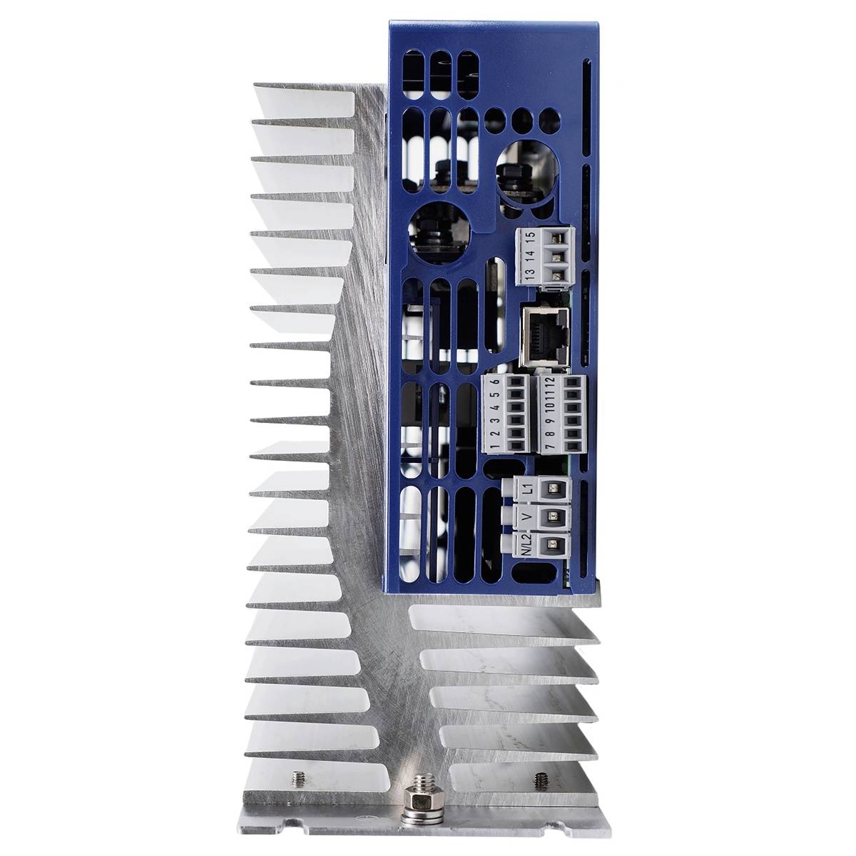 Industrial alternating current drive with vertical heatsink, blue electronics cover, and connection terminals.
