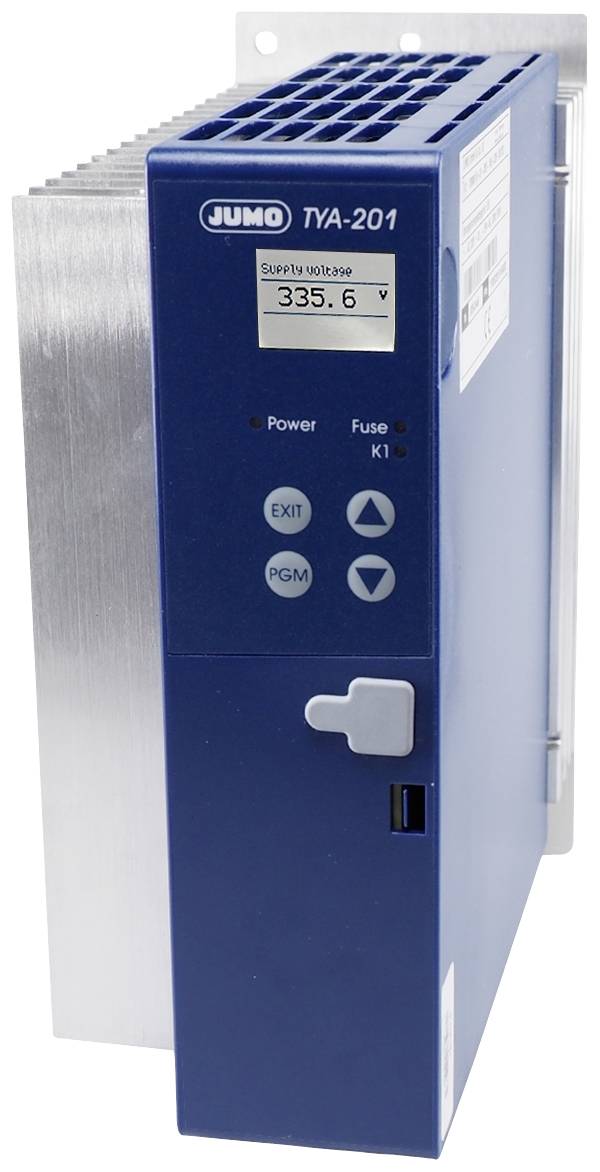 A blue electronic device with the inscription 'Jumo TYA-201', displaying a reading of '335.6 V', with several buttons visible.