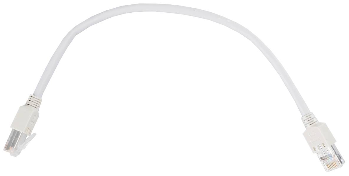 A white Ethernet cable with two RJ45 connectors at its ends, isolated on a white background.