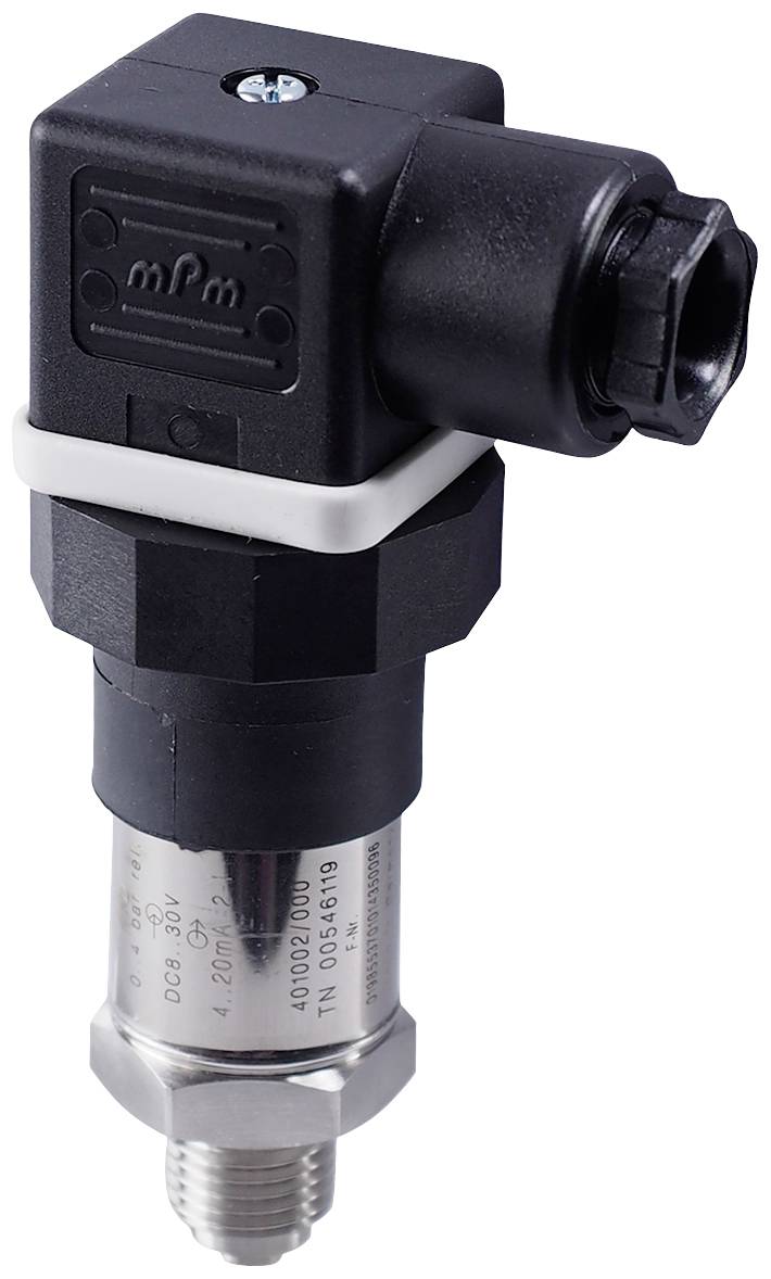 A pressure sensor with a black plastic housing and stainless steel connection. Used for measuring pressure in industrial applications.