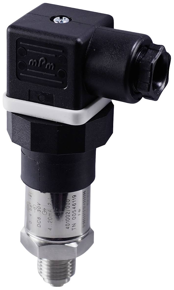 Pressure sensor with black housing and silver connection. Suitable for monitoring pressure in industrial applications.