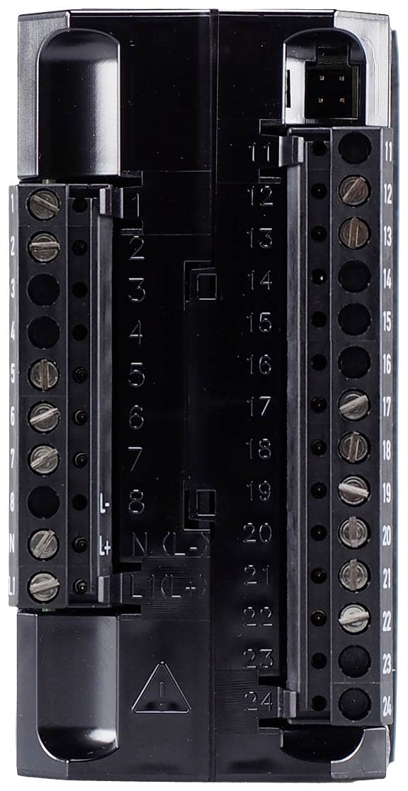 Black electric relay module with labelled terminals from 1 to 24 and screw connections for circuits.