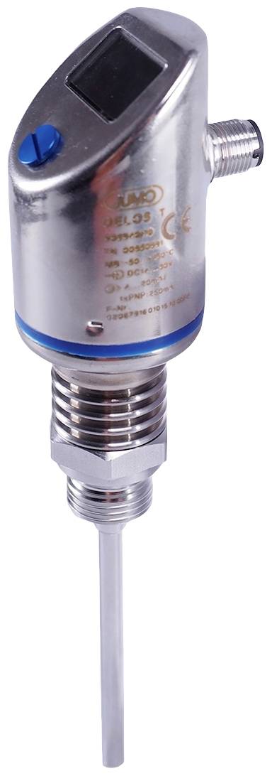 A metal industrial temperature sensor with digital display and blue control element, suitable for precise measurements.