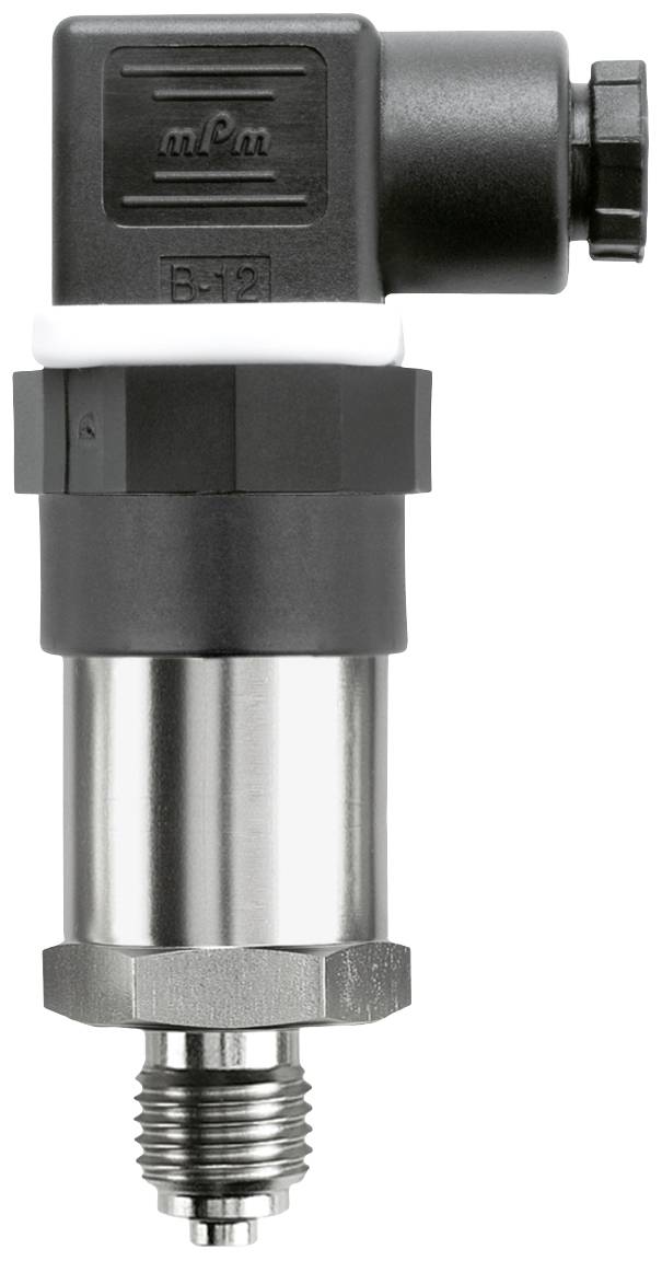 A pressure sensor with a metal housing and black connector, suitable for industrial applications.