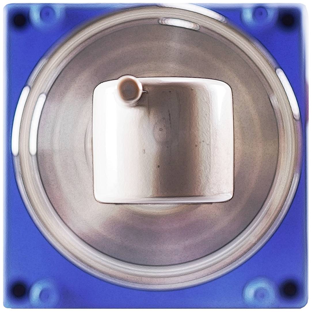 A close-up of an electrical rotary switch, mounted on a blue plate. The switch is turned to the "Off" position.