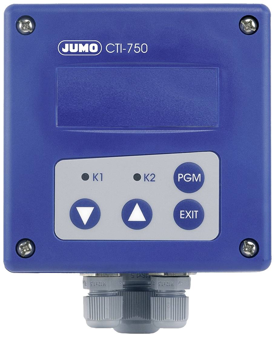 Blue control device with the inscription 'JUMO CTI-750'. Four buttons: K1, K2, PGM and EXIT; used for process control.