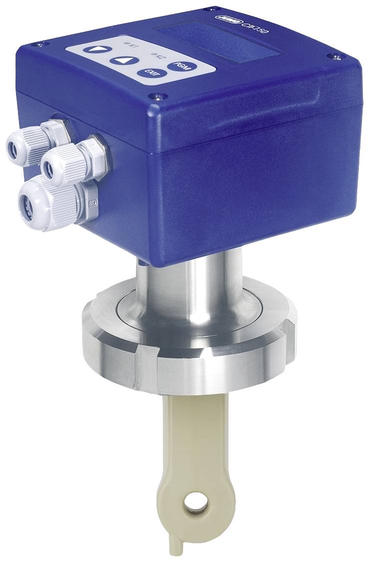 A blue industrial sensor device with a stainless steel base and three cable connections. It is used for monitoring or measurement purposes.