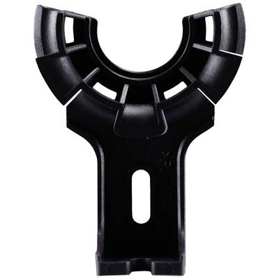 U-shaped plastic mounting bracket with slots for secure fixing of rods or pipes. Design features reinforced edges.