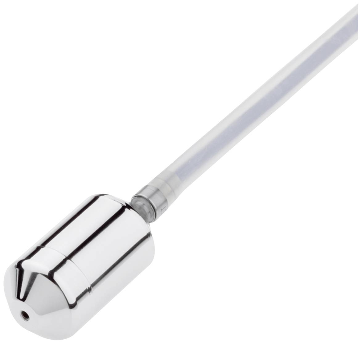 A silver, cylindrical metal handle with a long transparent rod, possibly a shower head or a similar household appliance.