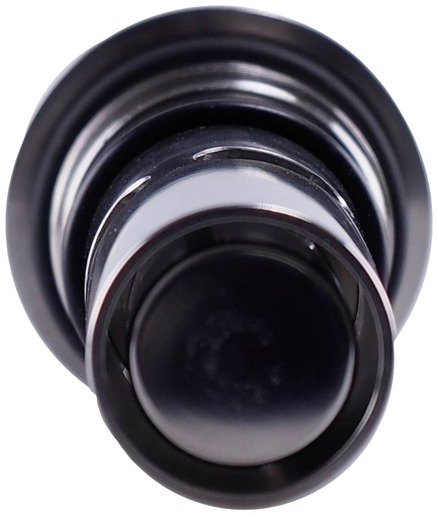 Close-up of a camera lens with a black housing and silver details, viewed from the front.