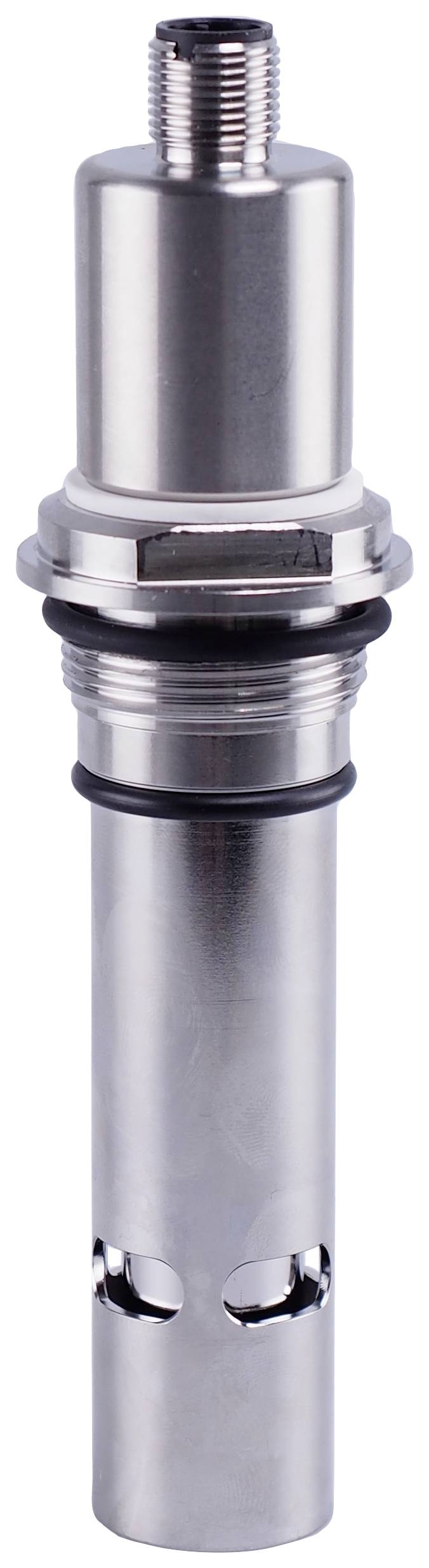 Metal sensor with a cylindrical body and thread at the top, potentially for industrial applications.