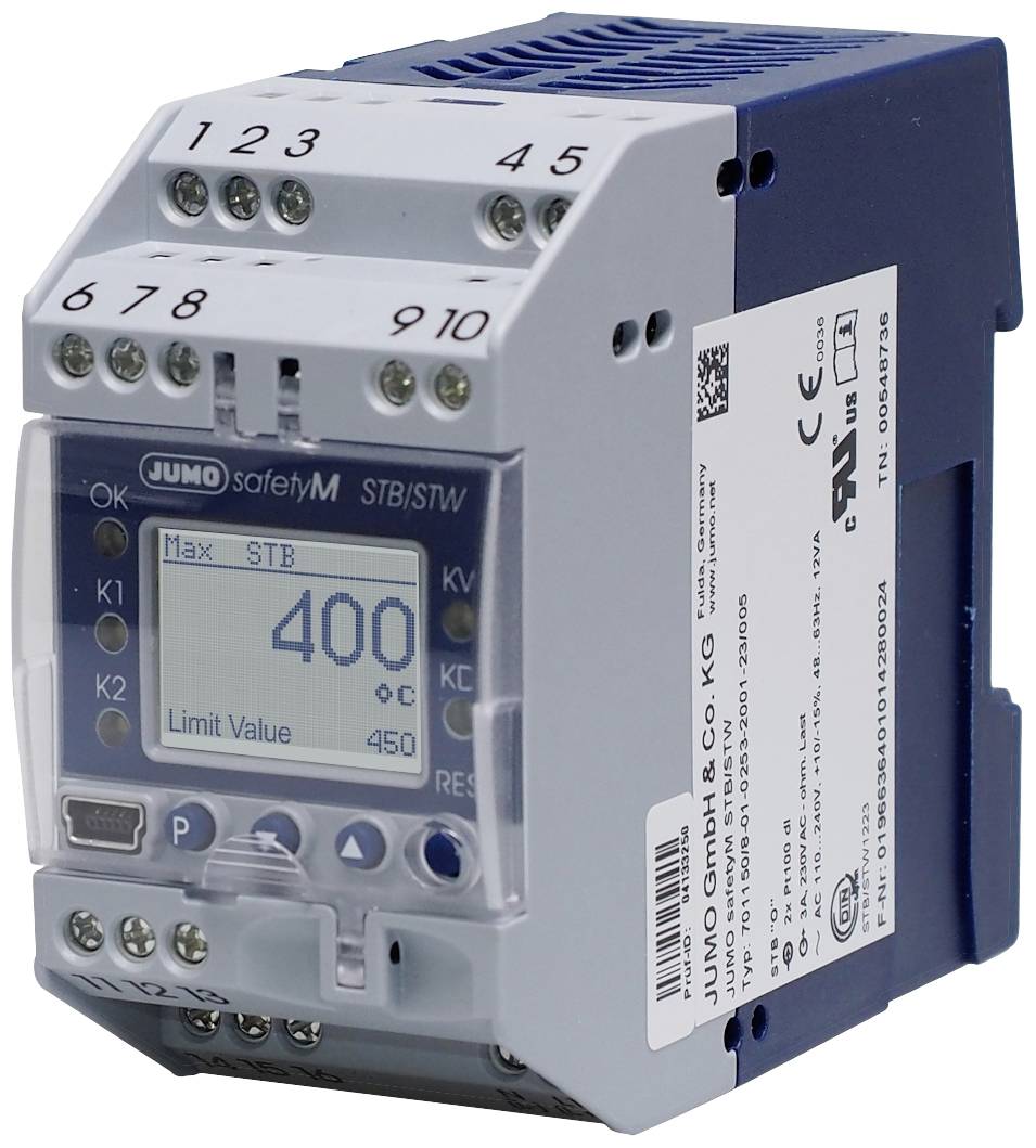 Temperature limiter with digital display showing '400°C'. Manufacturer label from JUMO on the side.