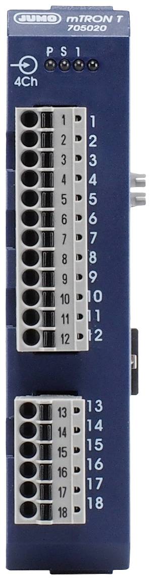 'Jumo mTRON T' device with 18 labelled connections. It is used for process monitoring and control, divided into two blocks.