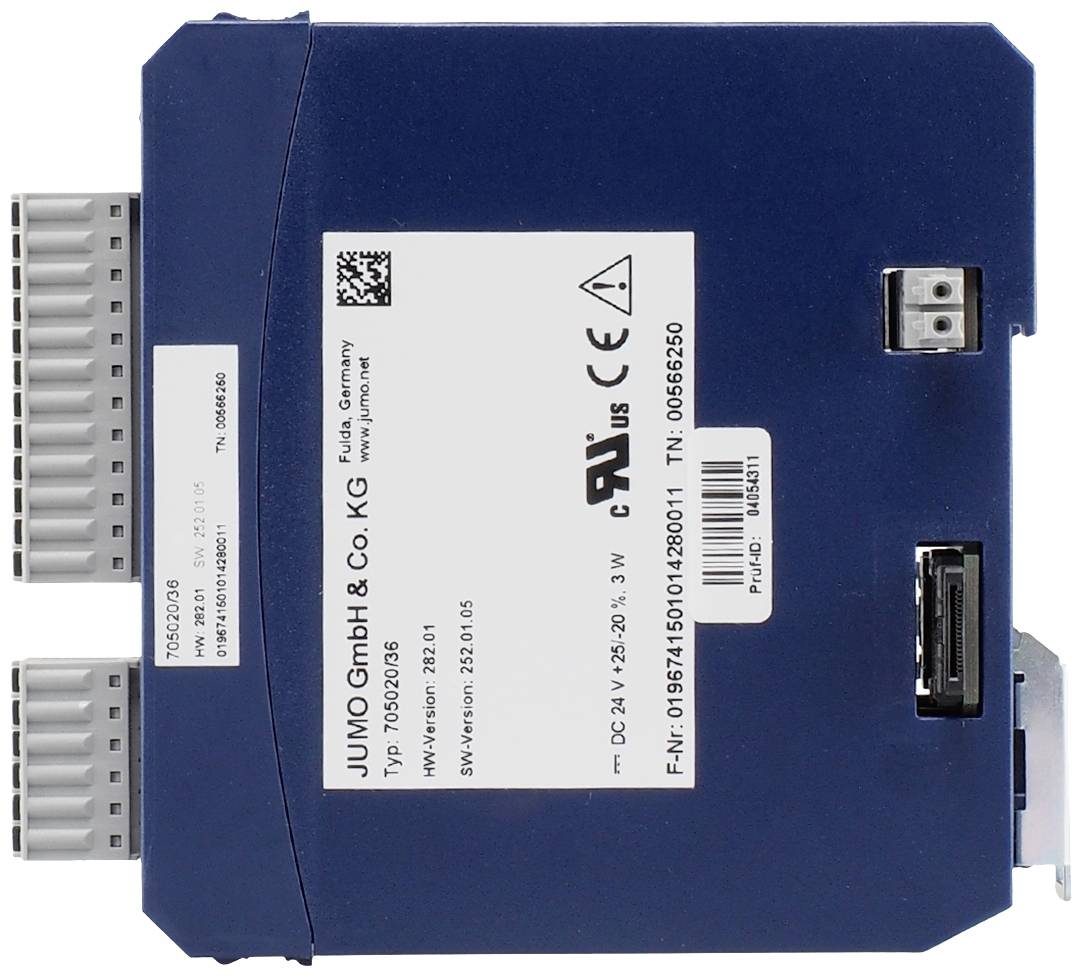 Industrial equipment with a blue casing, numerous ports, and a label with technical specifications and manufacturer information on the front.