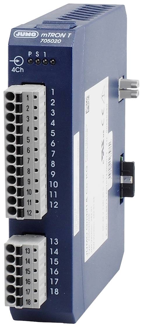 A blue electrical module with two connector strips, labelled with 'mTRON T 705020' and '4Ch', displays connections and technical details.