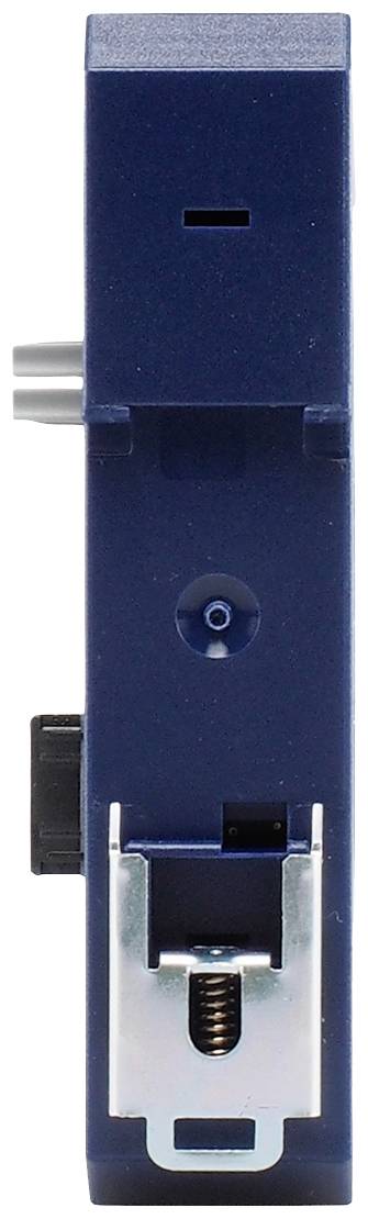 Dark blue electronic device, slim and rectangular, with a silver clip and ports on the top surface.