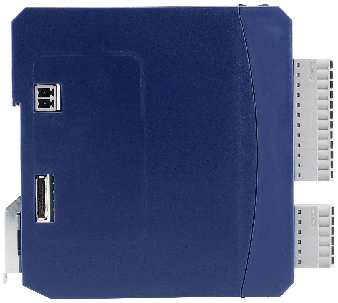 A blue electronic device with multiple ports on the side, apparently intended for industrial or technical applications.