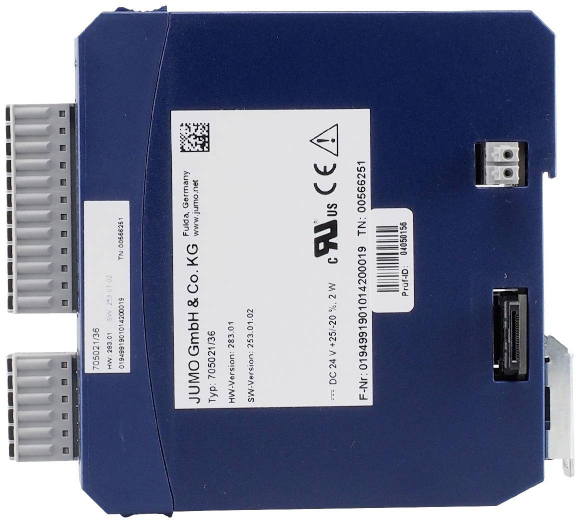 Industrial electronic device with multiple connections and label from the company JUMO GmbH & Co. KG.