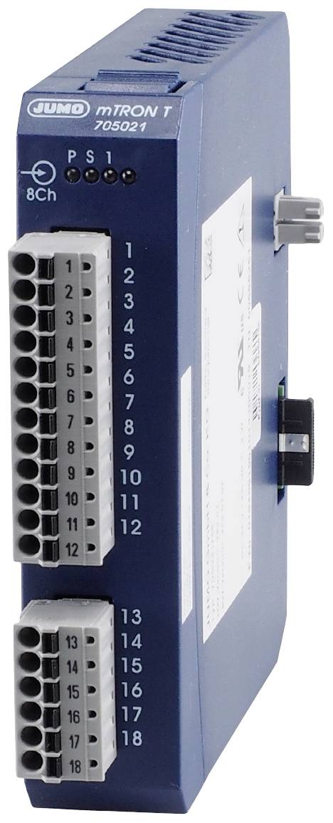 A blue electronic device with multiple ports. The device is labelled 'JUMO mTRON T' and has several numbered connections.