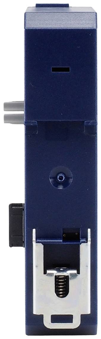 Narrow, blue electronic component with a metal clip and plug connection. Suitable for use in electrical control cabinets.