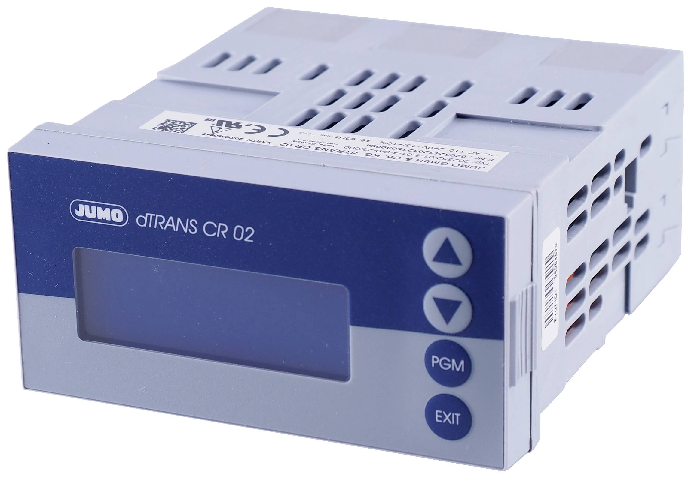 Electronic device with display and control buttons. Brand name 'Jumo' and designation 'dTRANS CR 02' on the front.