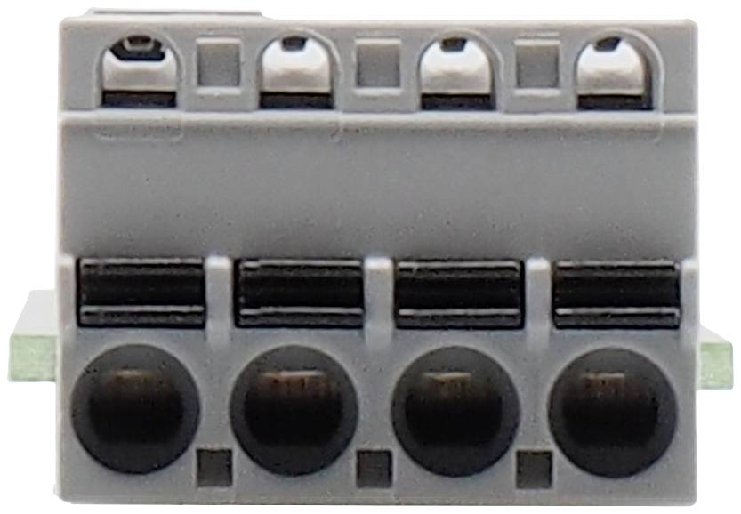 A grey electrical terminal block with four slots. Suitable for connecting wires in electrical circuits.