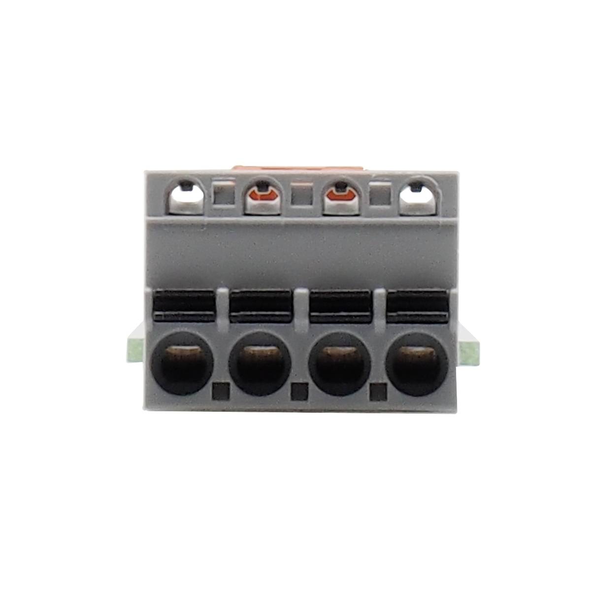A grey-orange electrical terminal block with four connection openings.