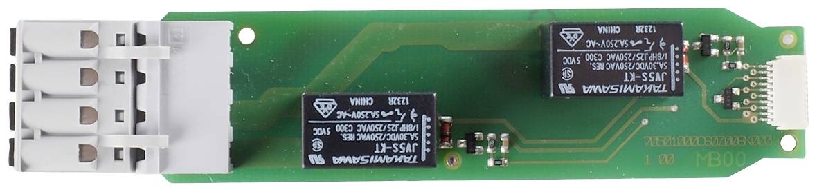 A green electronic circuit board module with multiple connectors and two black relays. Suitable for technical applications.