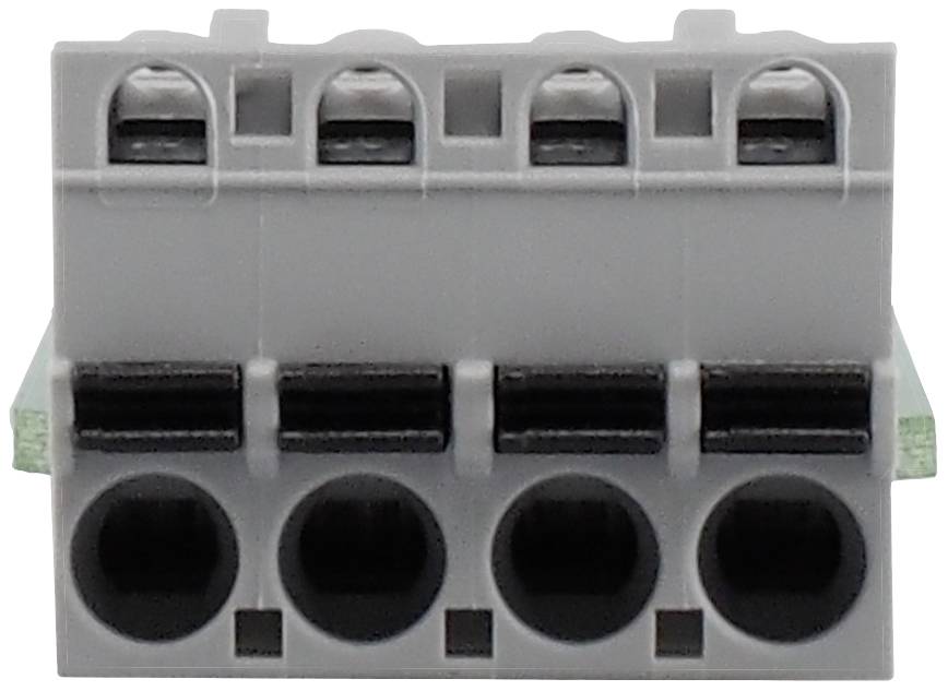 Grey electrical terminal block with four connection openings on a circuit board. It is used for connecting electrical wires.