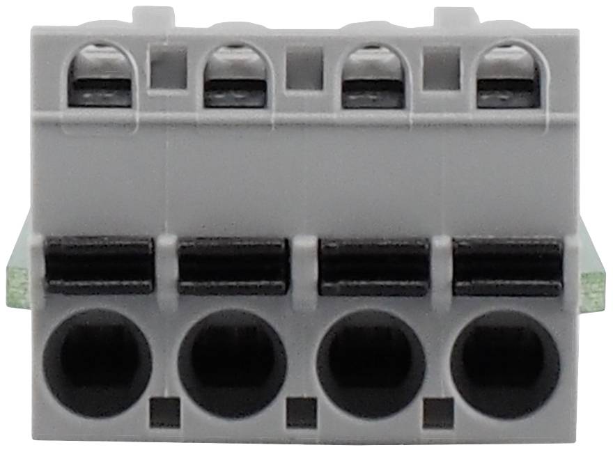 Grey electrical power strip with four sockets for wiring. Front view, showing connection options.
