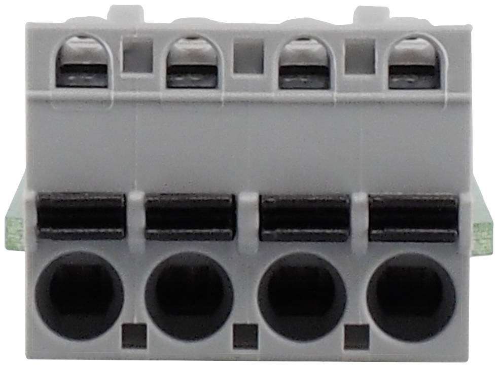 Grey, rectangular electrical connector with four round sockets, suitable for wire connections in electrical devices.