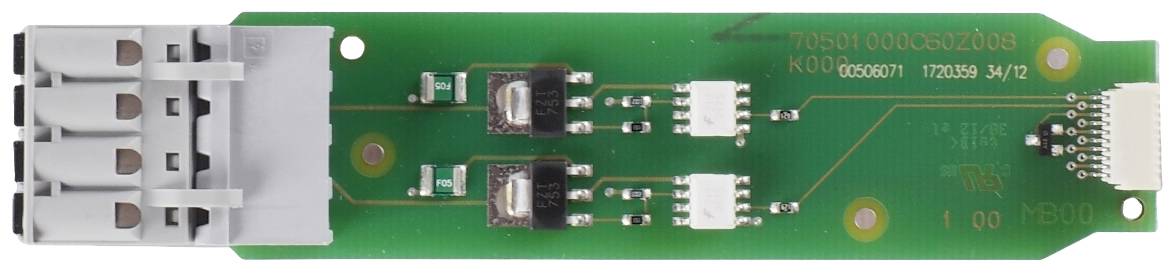 Electronic circuit board with four metallic connectors on the left side and several small electronic components in the centre.