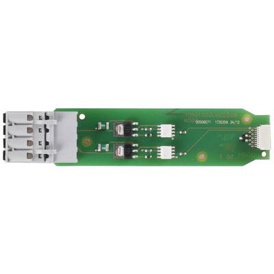 Electronic circuit board with four metallic connectors on the left side and several small electronic components in the centre.