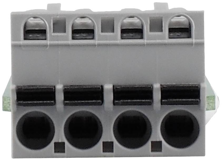 Grey electrical connector with four connection points, suitable for wiring cables and electrical systems.