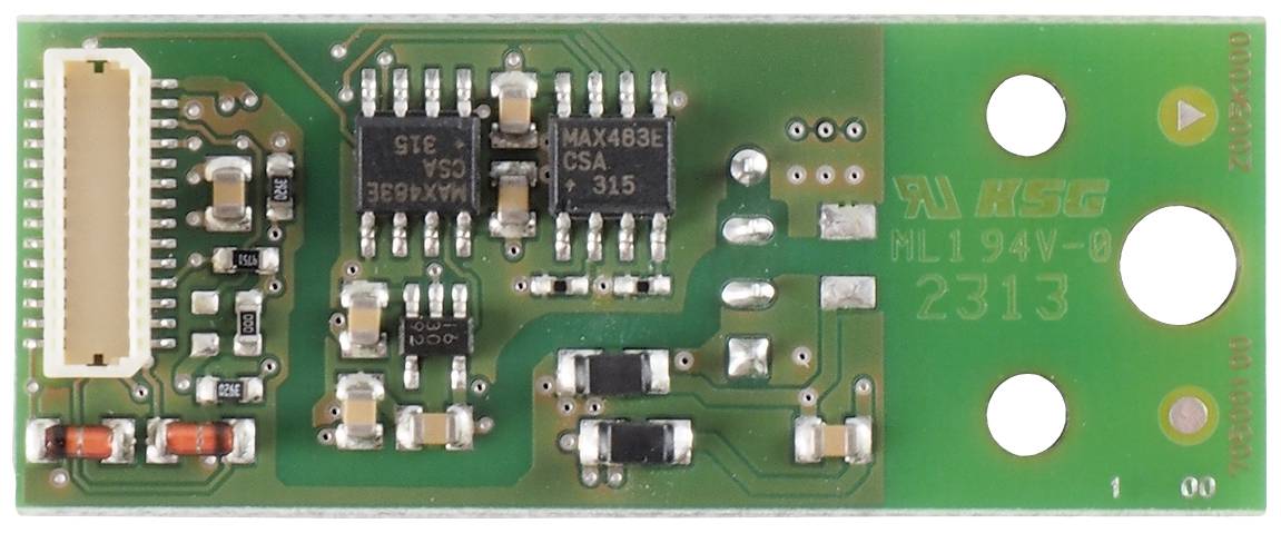 Green circuit board with various electronic components and a connector on the left side.