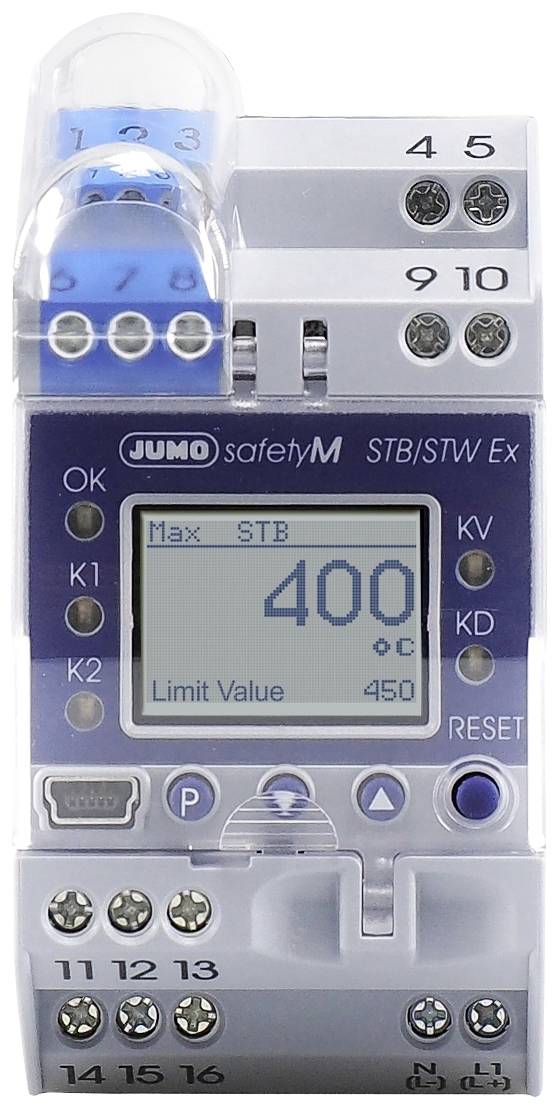 An electronic thermostat device displays 'Max STB 400 °C' and 'Limit Value 450' on a digital display.