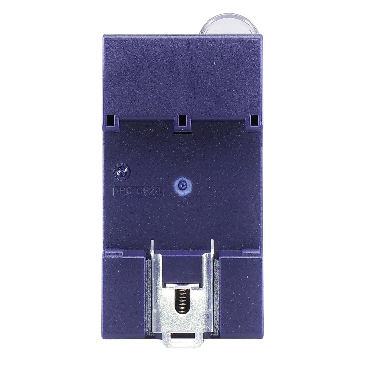 A rectangular electrical component with a purple casing and metal contact at the bottom, suitable for installation in an electrical junction box.