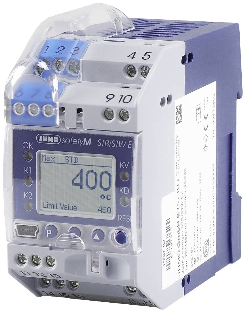 A JUMO safetyM safety temperature limiter with digital display shows '400' as the limit value.