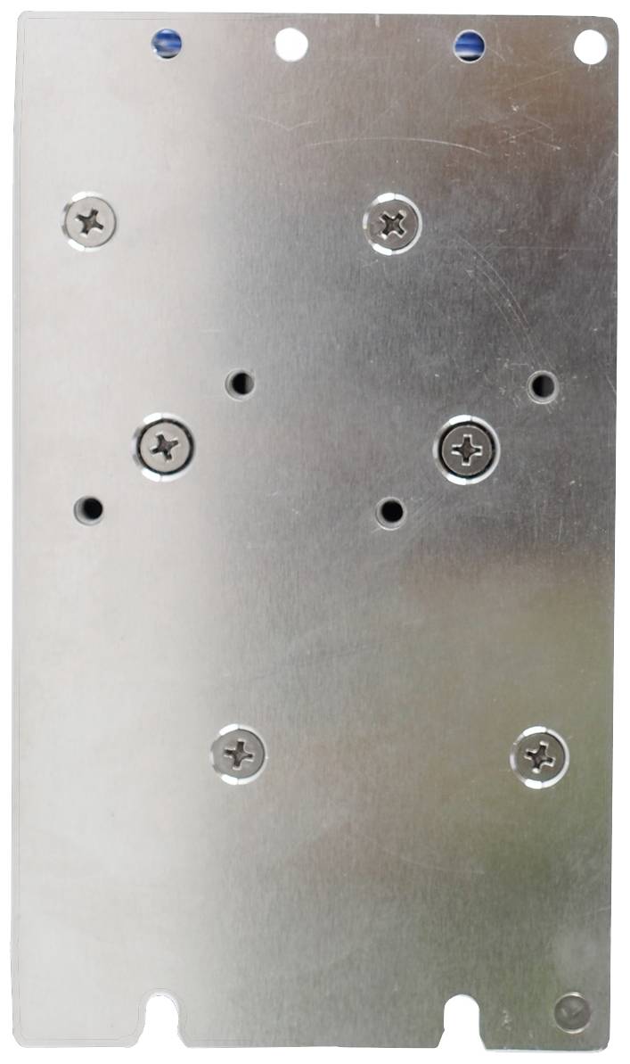 Metal plate with multiple screws and holes, used for mounting purposes.