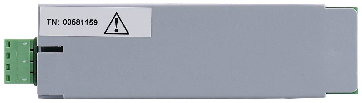 Grey technical equipment with warning symbol and serial number 'TN: 00561159'. Green connection on the left.